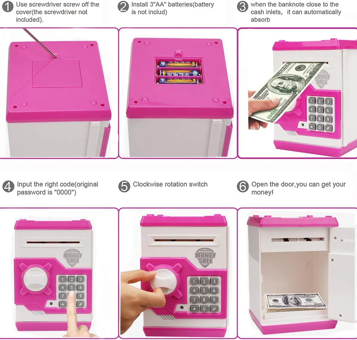 Piggy Bank, Electronic ATM Password Cash Coin Can Auto Scroll Paper Money Saving Box Toy Gift for Kids (White Pink)