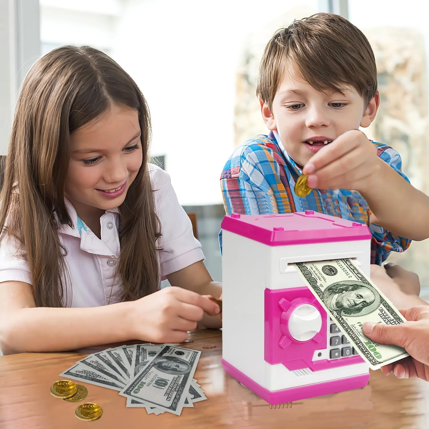 Piggy Bank, Electronic ATM Password Cash Coin Can Auto Scroll Paper Money Saving Box Toy Gift for Kids (White Pink)