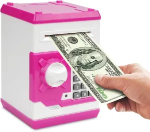Piggy Bank, Electronic ATM Password Cash Coin Can Auto Scroll Paper Money Saving Box Toy Gift for Kids (White Pink)