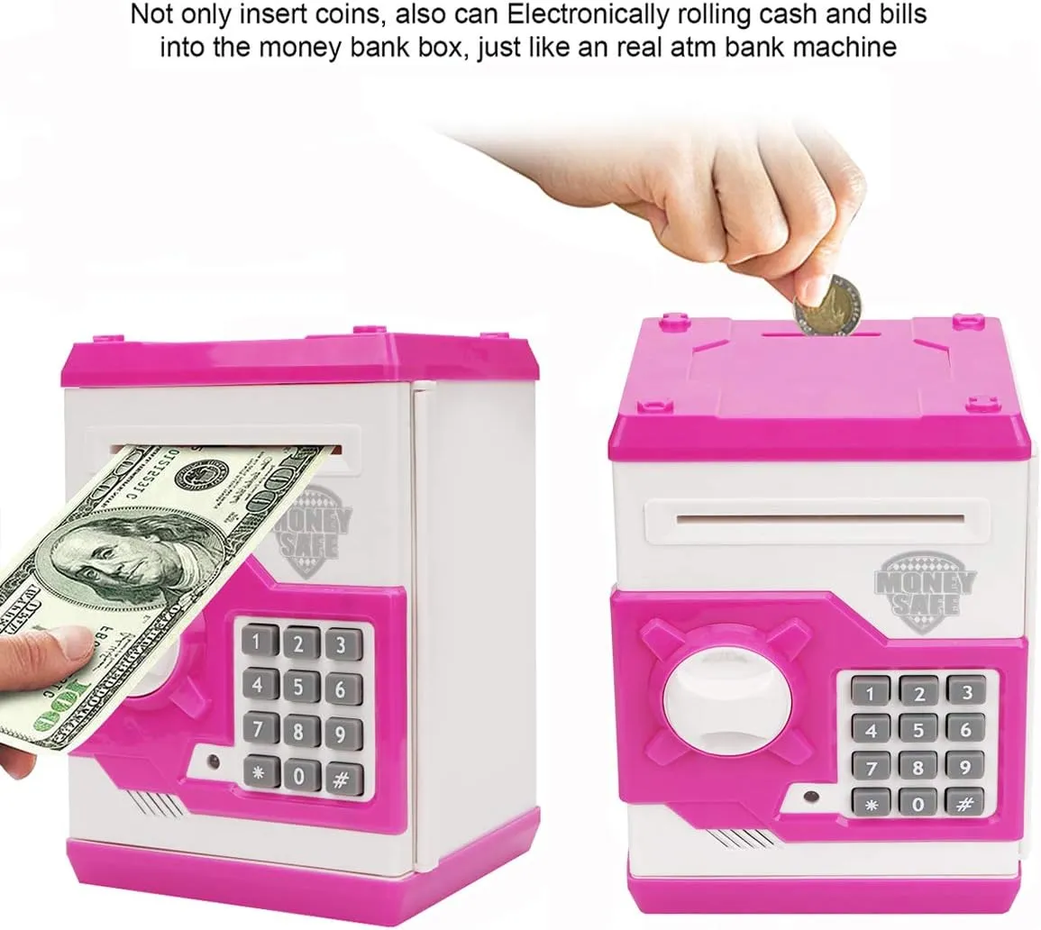 Piggy Bank, Electronic ATM Password Cash Coin Can Auto Scroll Paper Money Saving Box Toy Gift for Kids (White Pink)