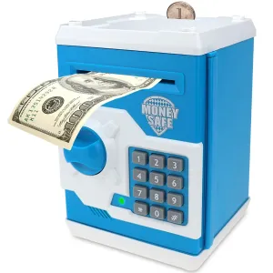 Piggy Bank for Boys Girls, 4 5 6 7 8 9 10 Year Old Girl Boy Birthday Gift Ideas, Electronic Password Money Saving Box ATM, Great Gift Safe Bank Toys for Kids (Blue White)