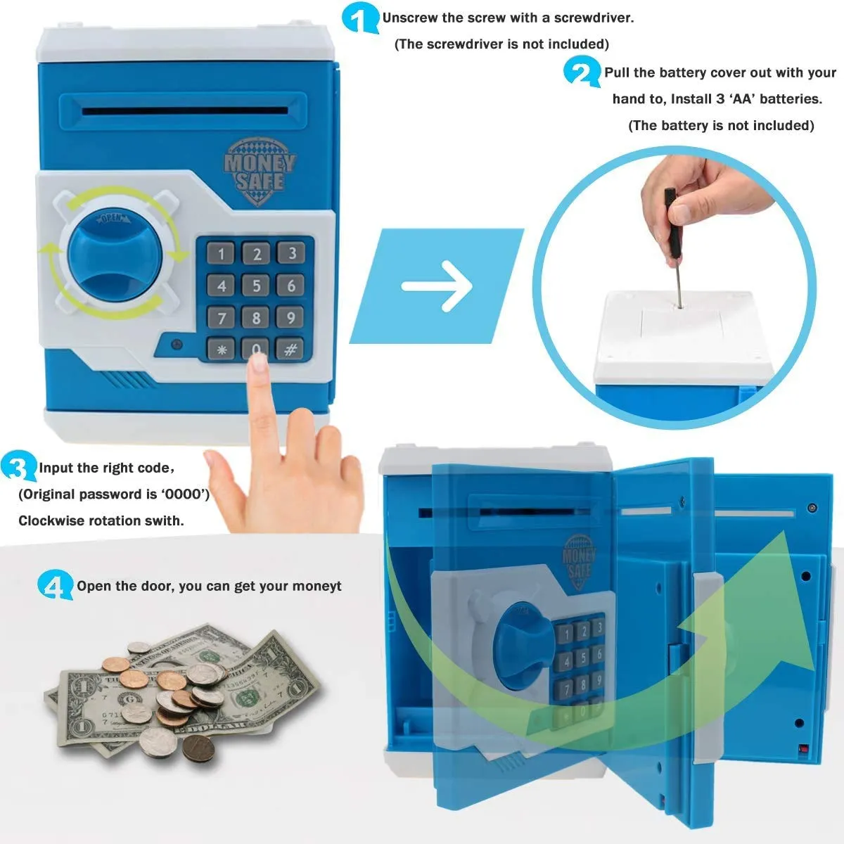 Piggy Bank for Boys Girls, 4 5 6 7 8 9 10 Year Old Girl Boy Birthday Gift Ideas, Electronic Password Money Saving Box ATM, Great Gift Safe Bank Toys for Kids (Blue White)