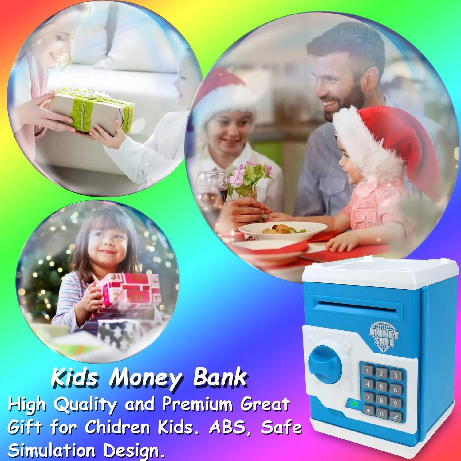 Piggy Bank for Boys Girls, 4 5 6 7 8 9 10 Year Old Girl Boy Birthday Gift Ideas, Electronic Password Money Saving Box ATM, Great Gift Safe Bank Toys for Kids (Blue White)