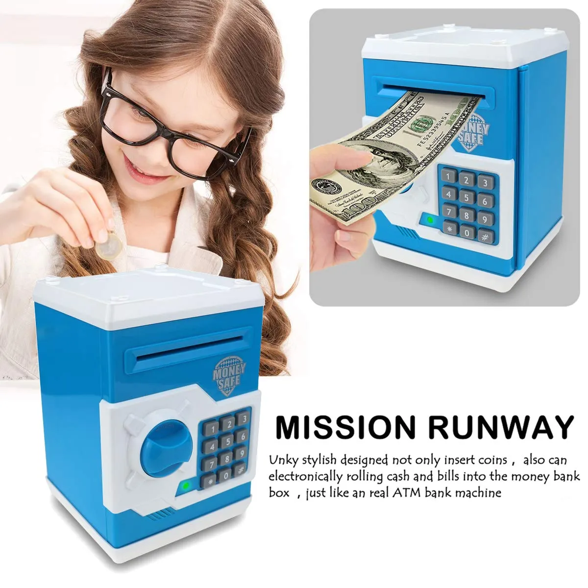 Piggy Bank for Boys Girls, 4 5 6 7 8 9 10 Year Old Girl Boy Birthday Gift Ideas, Electronic Password Money Saving Box ATM, Great Gift Safe Bank Toys for Kids (Blue White)