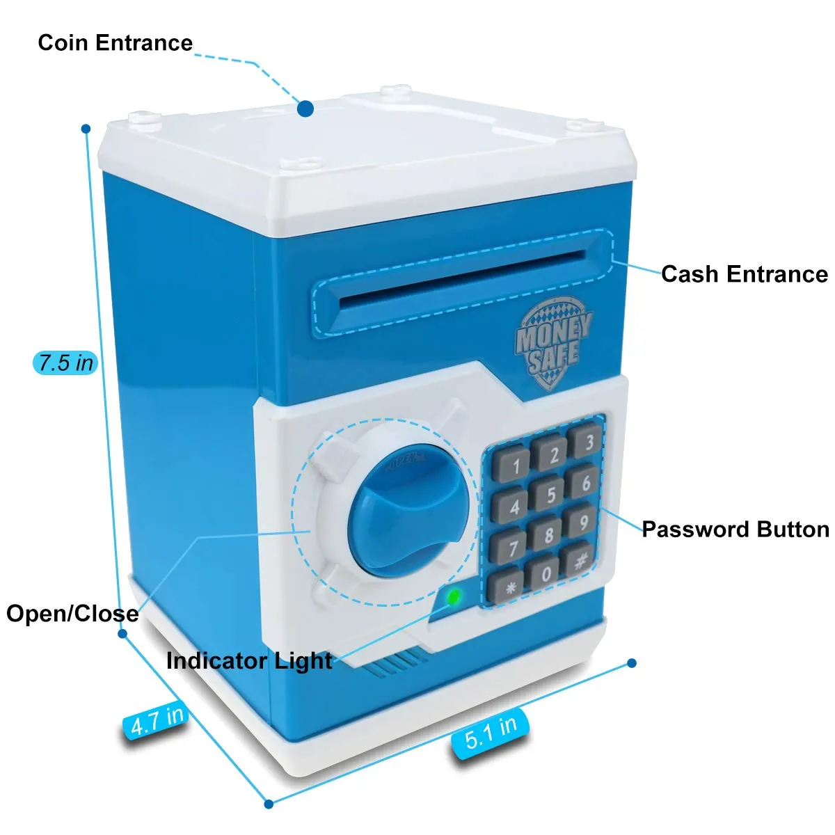 Piggy Bank for Boys Girls, 4 5 6 7 8 9 10 Year Old Girl Boy Birthday Gift Ideas, Electronic Password Money Saving Box ATM, Great Gift Safe Bank Toys for Kids (Blue White)