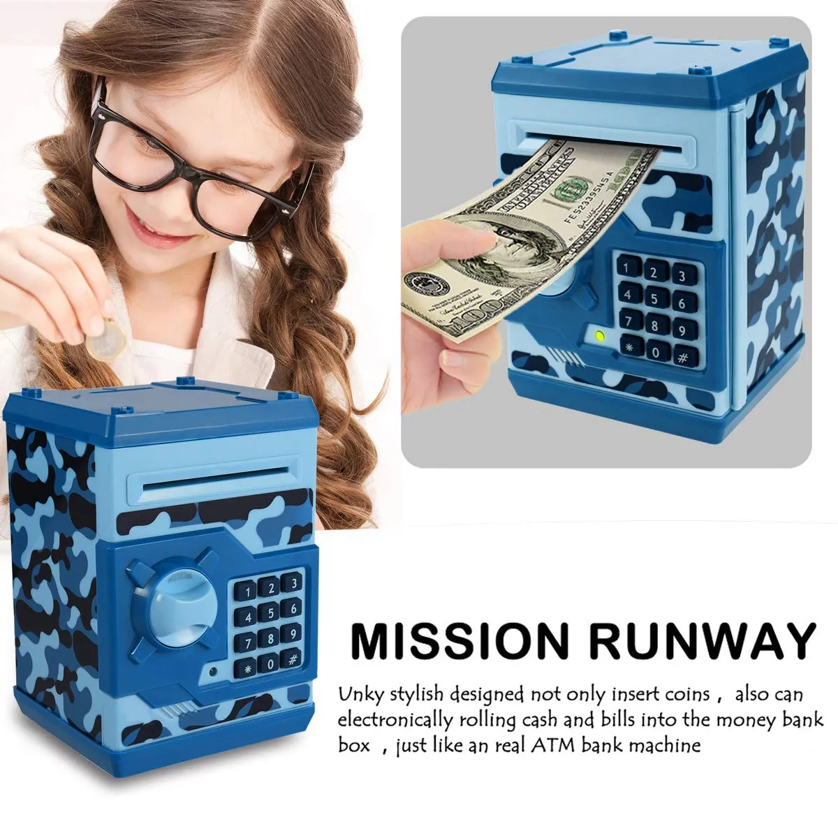 Piggy Bank for Boys Girls, 4 5 6 7 8 9 10 Year Old Girl Boy Birthday Gift Ideas, Electronic Password Money Saving Box ATM, Great Gift Safe Bank Toys for Kids (Camouflage Blue)