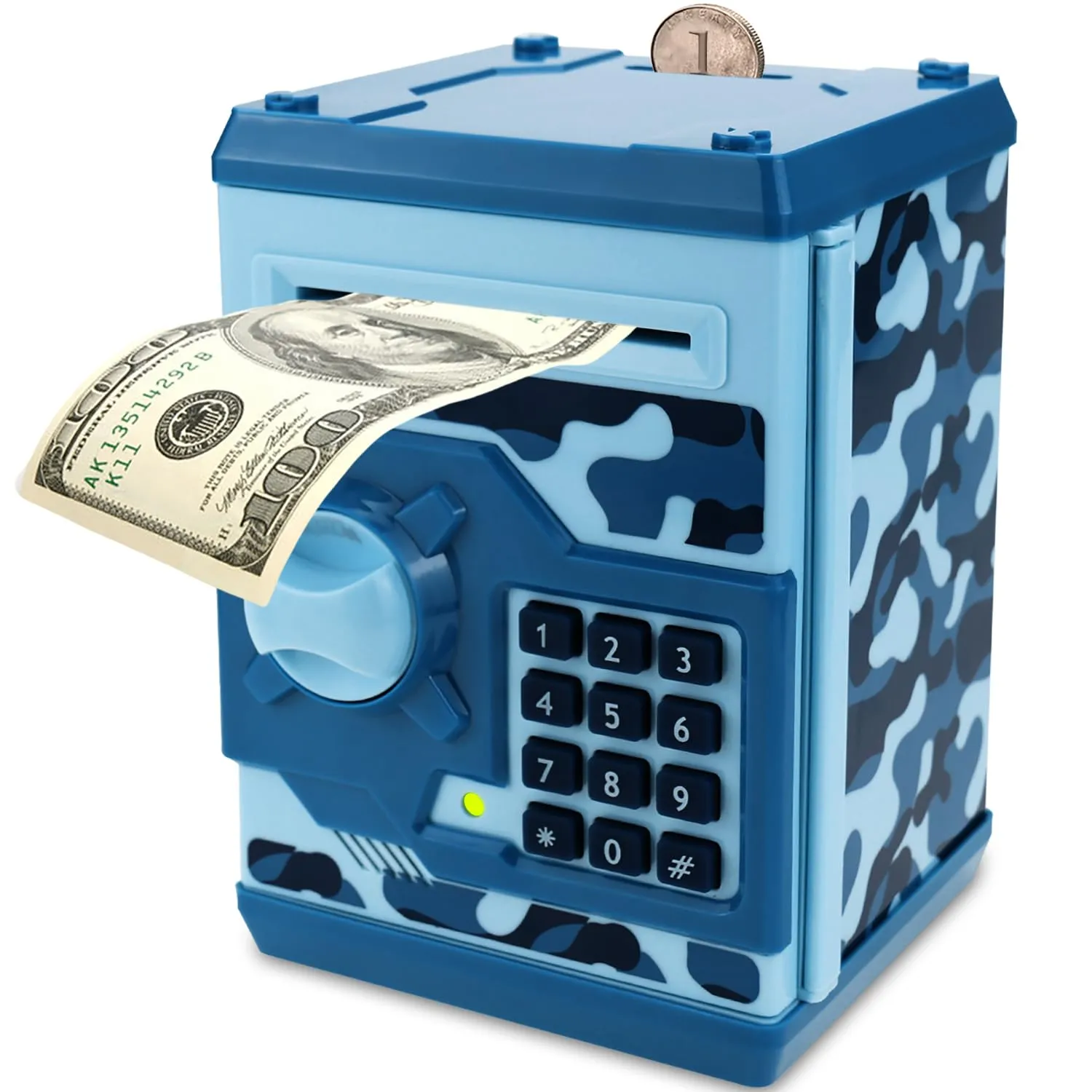 Piggy Bank for Boys Girls, 4 5 6 7 8 9 10 Year Old Girl Boy Birthday Gift Ideas, Electronic Password Money Saving Box ATM, Great Gift Safe Bank Toys for Kids (Camouflage Blue)