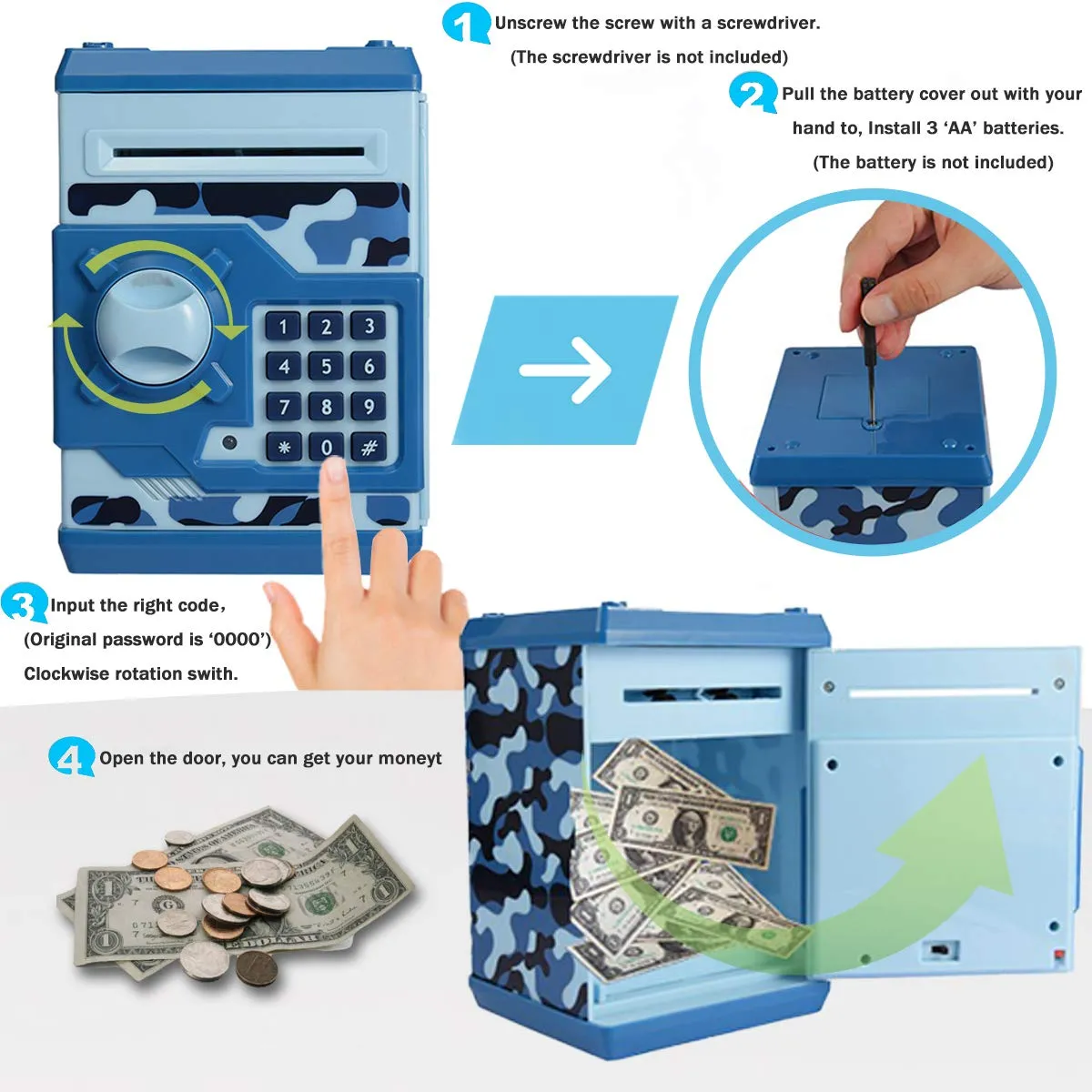 Piggy Bank for Boys Girls, 4 5 6 7 8 9 10 Year Old Girl Boy Birthday Gift Ideas, Electronic Password Money Saving Box ATM, Great Gift Safe Bank Toys for Kids (Camouflage Blue)