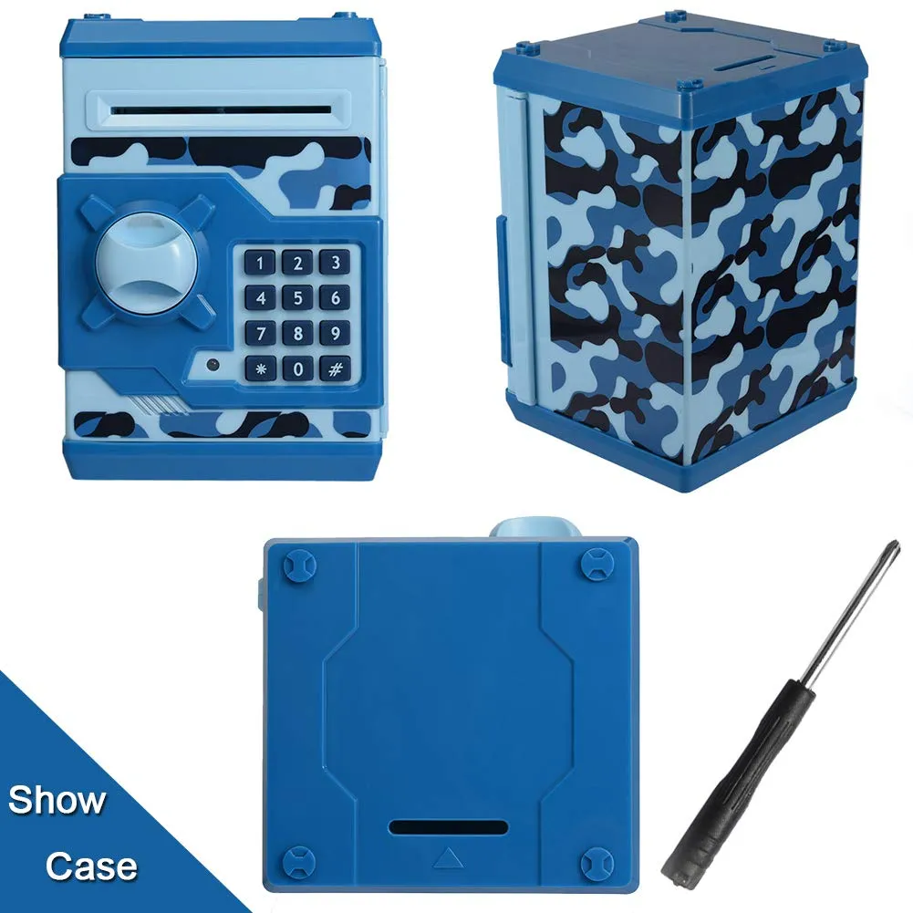 Piggy Bank for Boys Girls, 4 5 6 7 8 9 10 Year Old Girl Boy Birthday Gift Ideas, Electronic Password Money Saving Box ATM, Great Gift Safe Bank Toys for Kids (Camouflage Blue)