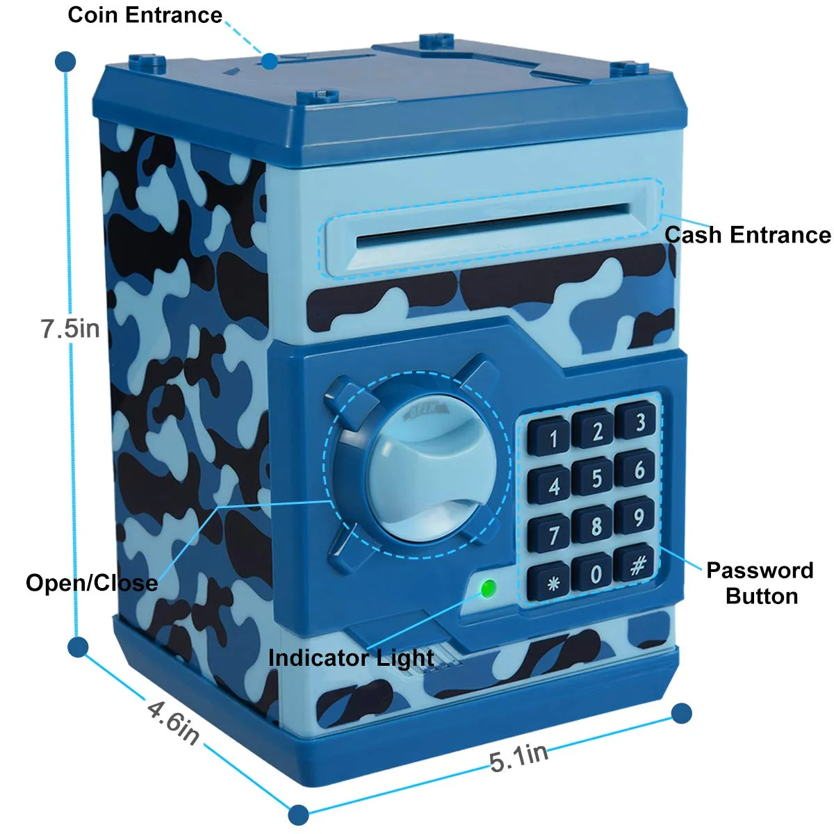 Piggy Bank for Boys Girls, 4 5 6 7 8 9 10 Year Old Girl Boy Birthday Gift Ideas, Electronic Password Money Saving Box ATM, Great Gift Safe Bank Toys for Kids (Camouflage Blue)