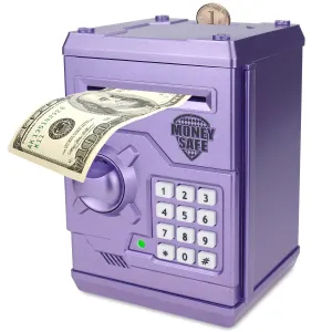 Piggy Bank for Boys Girls, 4 5 6 7 8 9 10 Year Old Girl Boy Birthday Gift Ideas, Electronic Password Money Saving Box ATM, Great Gift Safe Bank Toys for Kids (Purple)