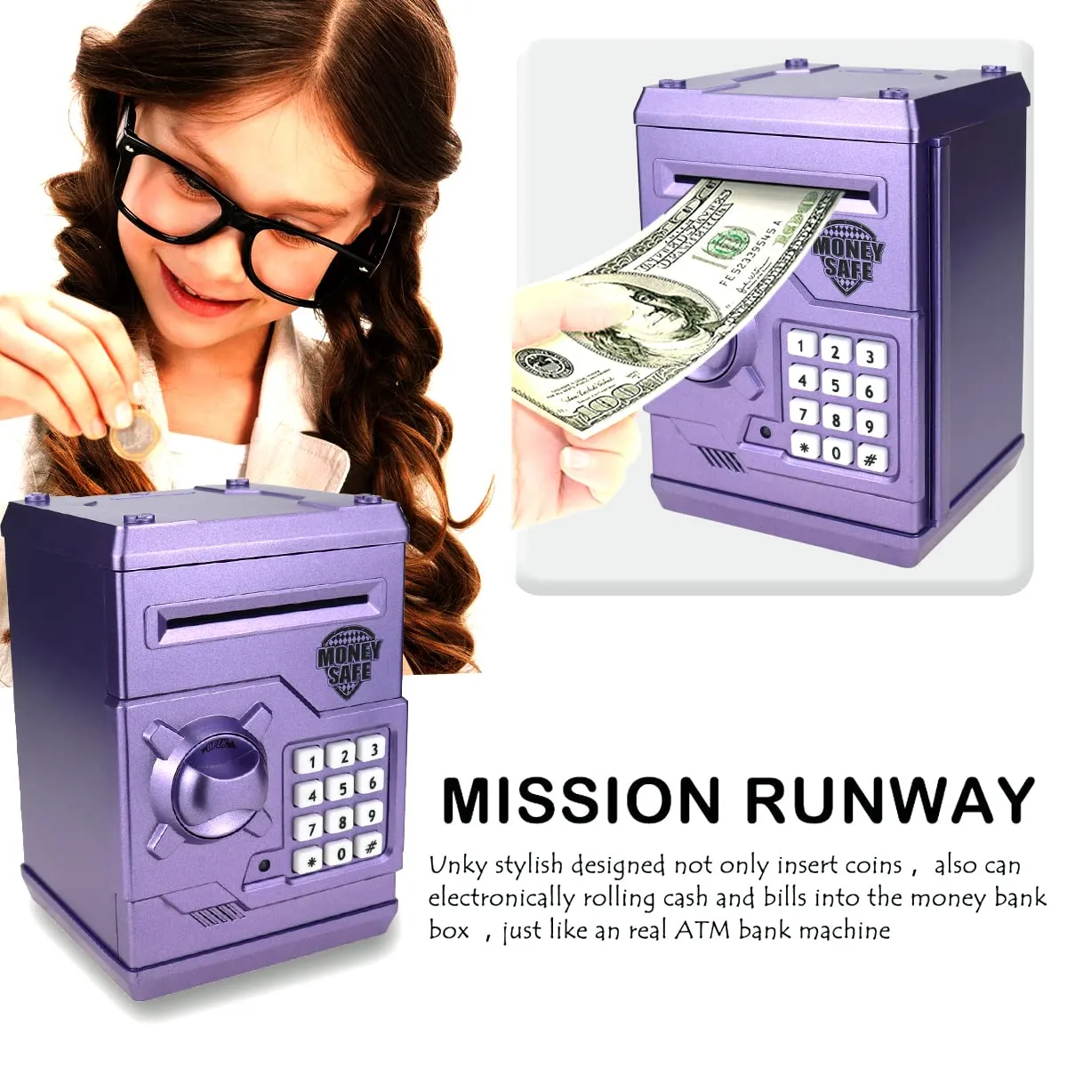 Piggy Bank for Boys Girls, 4 5 6 7 8 9 10 Year Old Girl Boy Birthday Gift Ideas, Electronic Password Money Saving Box ATM, Great Gift Safe Bank Toys for Kids (Purple)