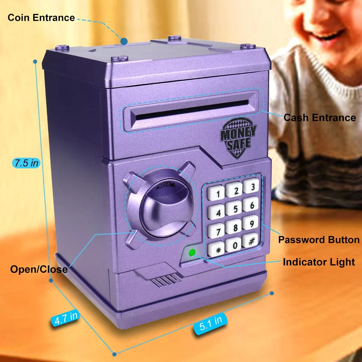 Piggy Bank for Boys Girls, 4 5 6 7 8 9 10 Year Old Girl Boy Birthday Gift Ideas, Electronic Password Money Saving Box ATM, Great Gift Safe Bank Toys for Kids (Purple)