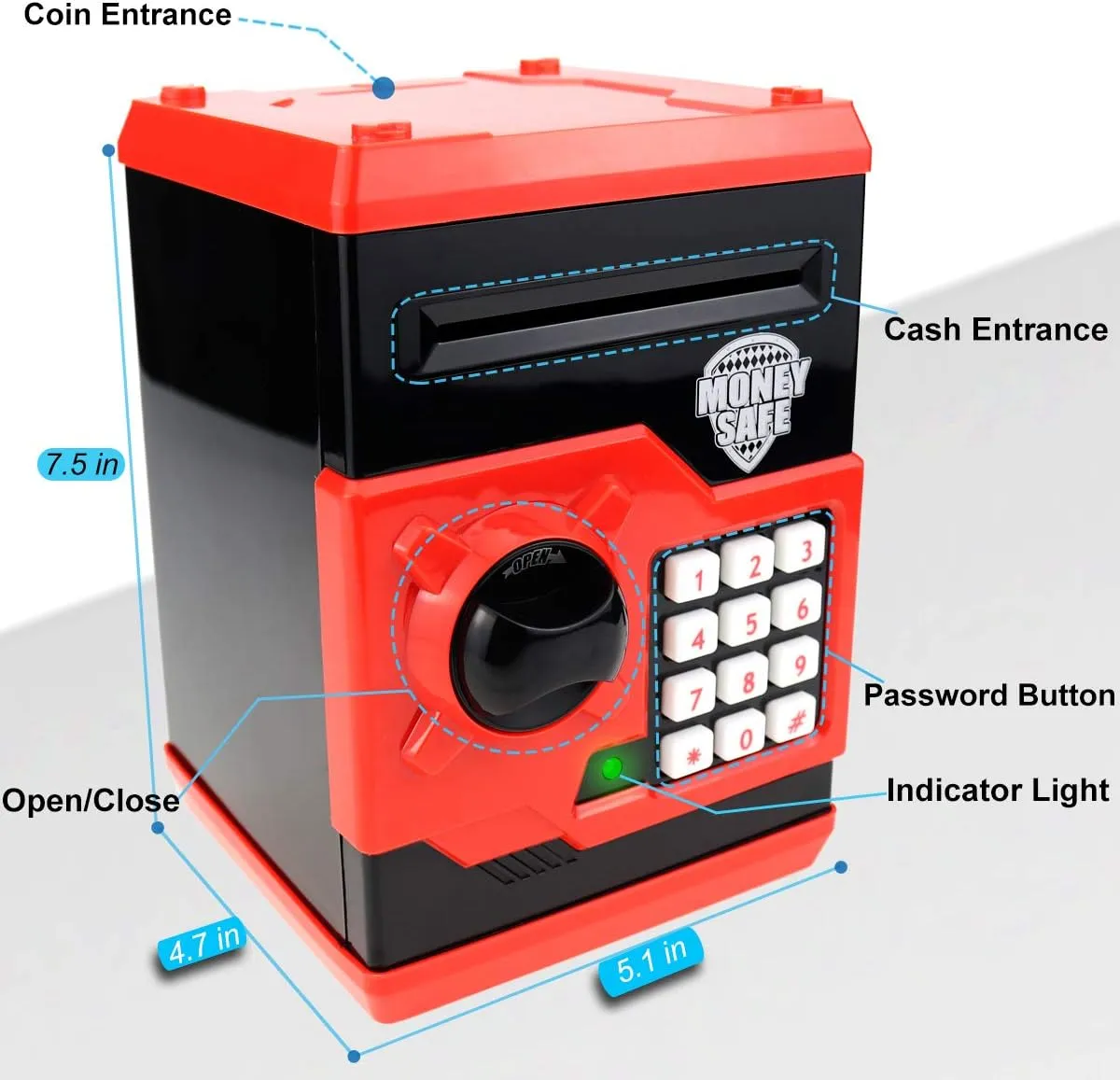 Piggy Bank for kids,Electronic Password Piggy Bank Kids Safe Bank Mini ATM Piggy Bank Toy for 3-14 Year Old Boys and Girls (Black red)