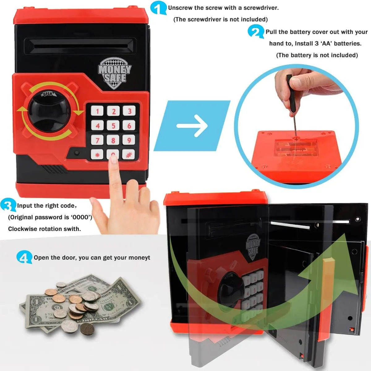Piggy Bank for kids,Electronic Password Piggy Bank Kids Safe Bank Mini ATM Piggy Bank Toy for 3-14 Year Old Boys and Girls (Black red)