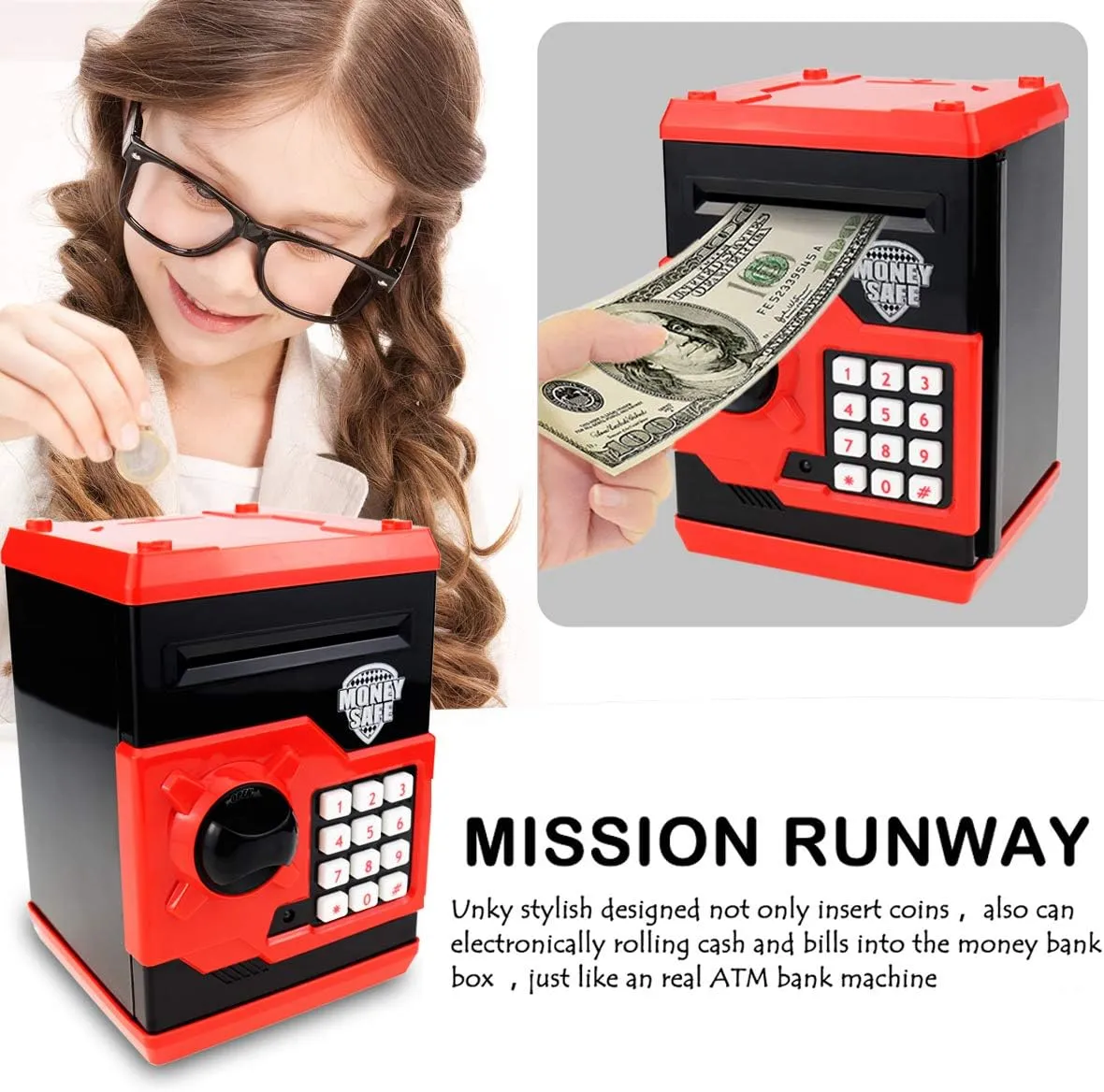 Piggy Bank for kids,Electronic Password Piggy Bank Kids Safe Bank Mini ATM Piggy Bank Toy for 3-14 Year Old Boys and Girls (Black red)