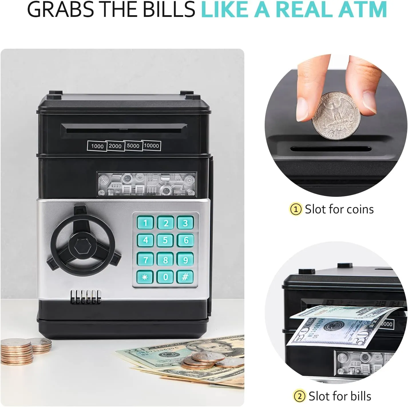Piggy Bank, Vcertcpl ATM Coin Money Saving Box with Password, Kids Safe Money Jar with Auto Grab Bill Slot, Birthday Gifts Toys Bank for 6 7 8 9 10 11 12 Year Old Girls Boys