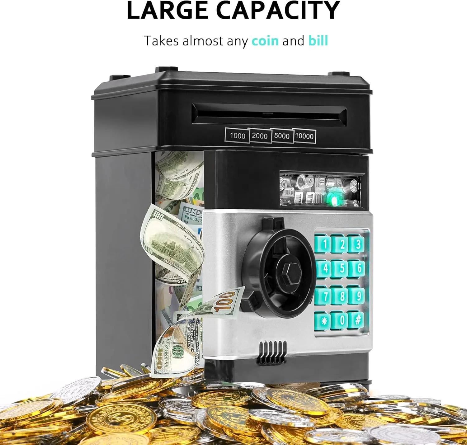 Piggy Bank, Vcertcpl ATM Coin Money Saving Box with Password, Kids Safe Money Jar with Auto Grab Bill Slot, Birthday Gifts Toys Bank for 6 7 8 9 10 11 12 Year Old Girls Boys