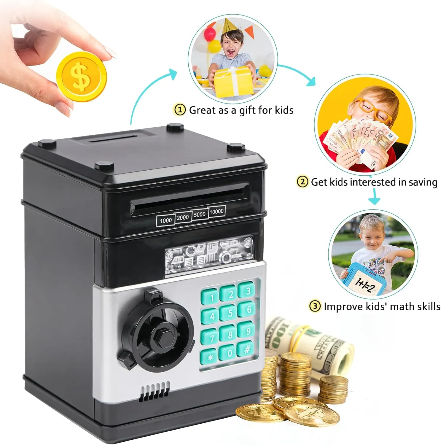 Piggy Bank, Vcertcpl ATM Coin Money Saving Box with Password, Kids Safe Money Jar with Auto Grab Bill Slot, Birthday Gifts Toys Bank for 6 7 8 9 10 11 12 Year Old Girls Boys