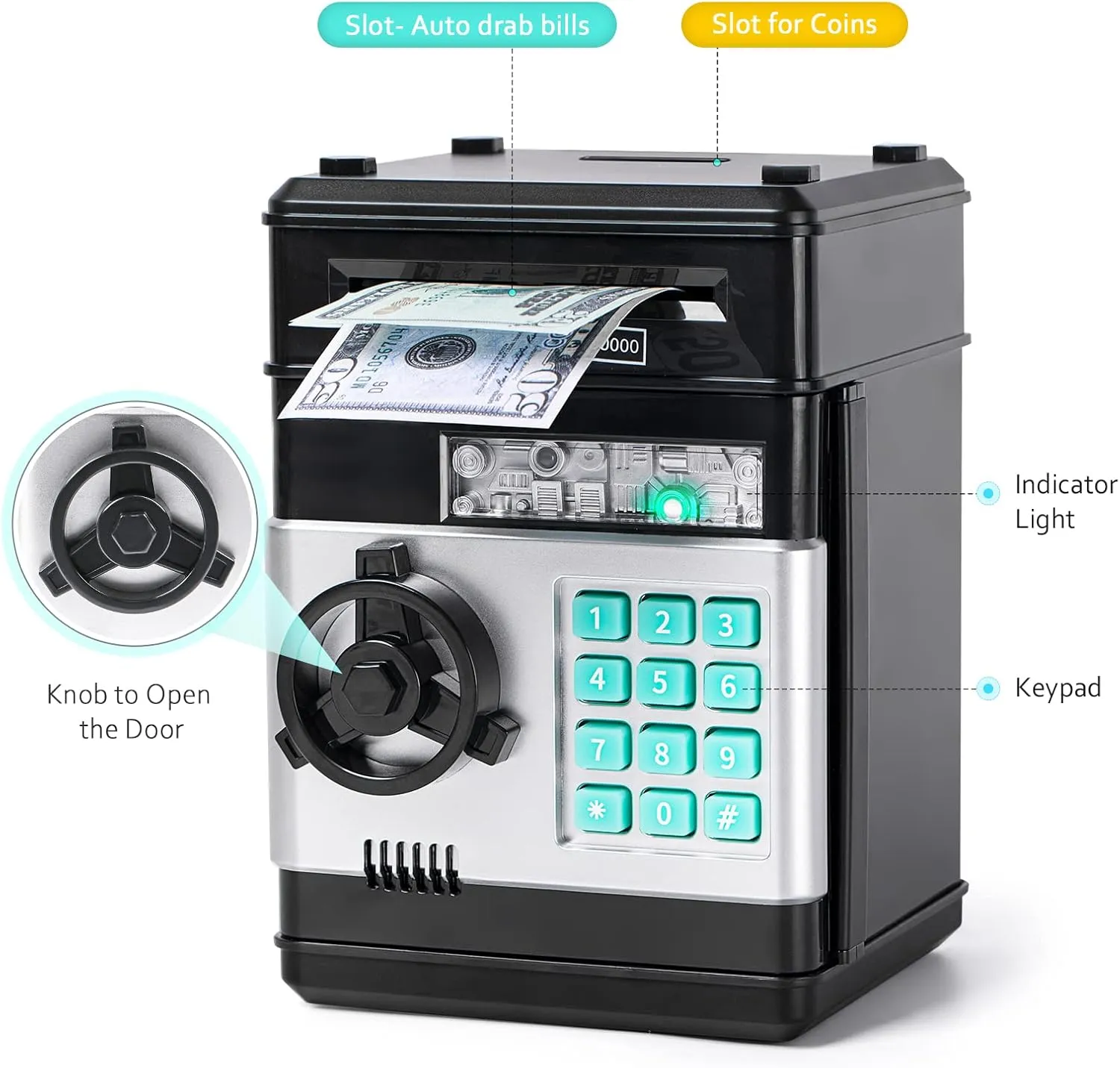 Piggy Bank, Vcertcpl ATM Coin Money Saving Box with Password, Kids Safe Money Jar with Auto Grab Bill Slot, Birthday Gifts Toys Bank for 6 7 8 9 10 11 12 Year Old Girls Boys