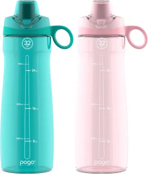 Pogo 2-Pack Plastic Water Bottle with Carry Handle, Reusable, BPA Free, Dishwasher Safe, Perfect for Travel, School, Outdoors, and Gym | 18oz, 32oz