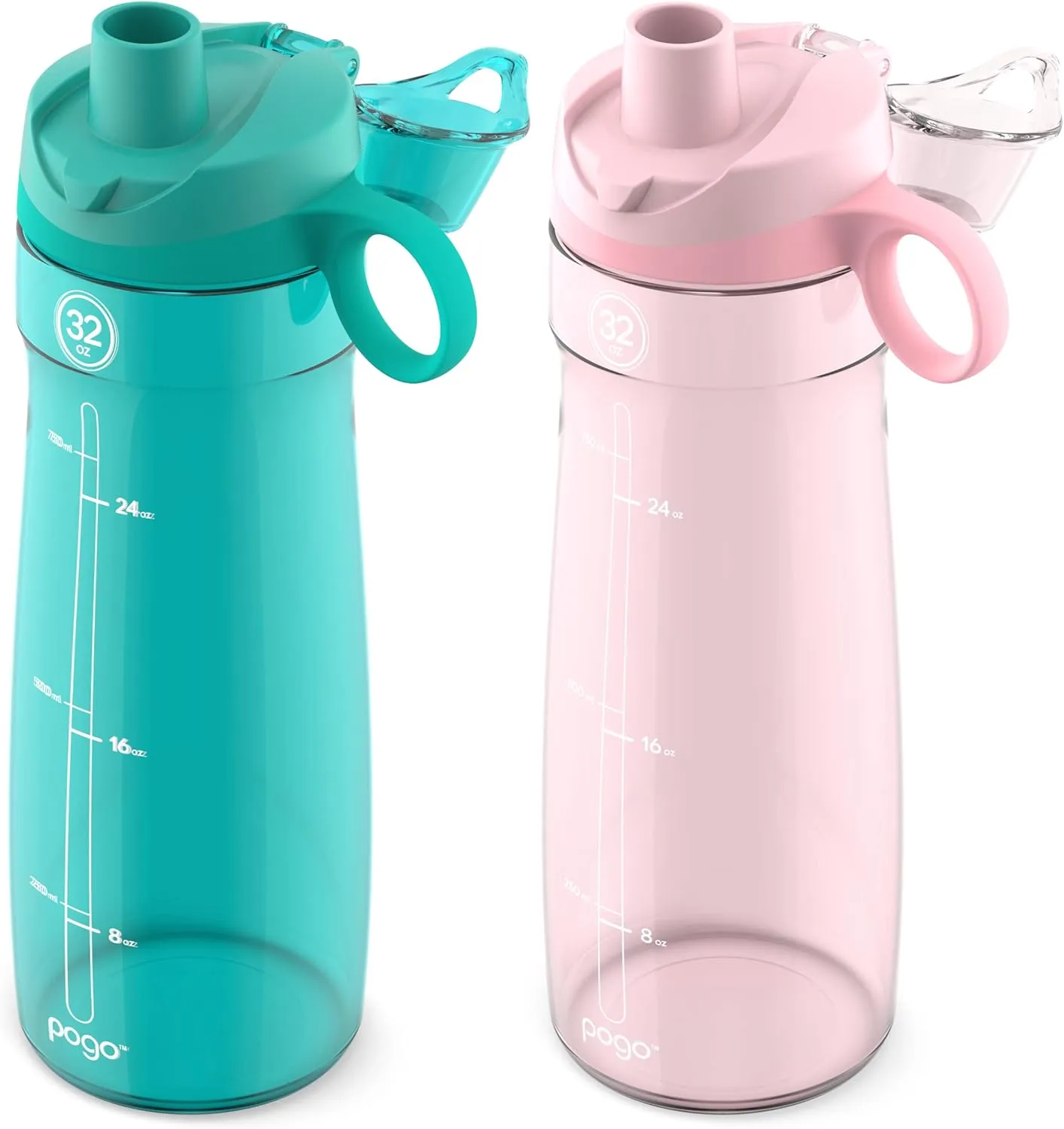 Pogo 2-Pack Plastic Water Bottle with Carry Handle, Reusable, BPA Free, Dishwasher Safe, Perfect for Travel, School, Outdoors, and Gym | 18oz, 32oz