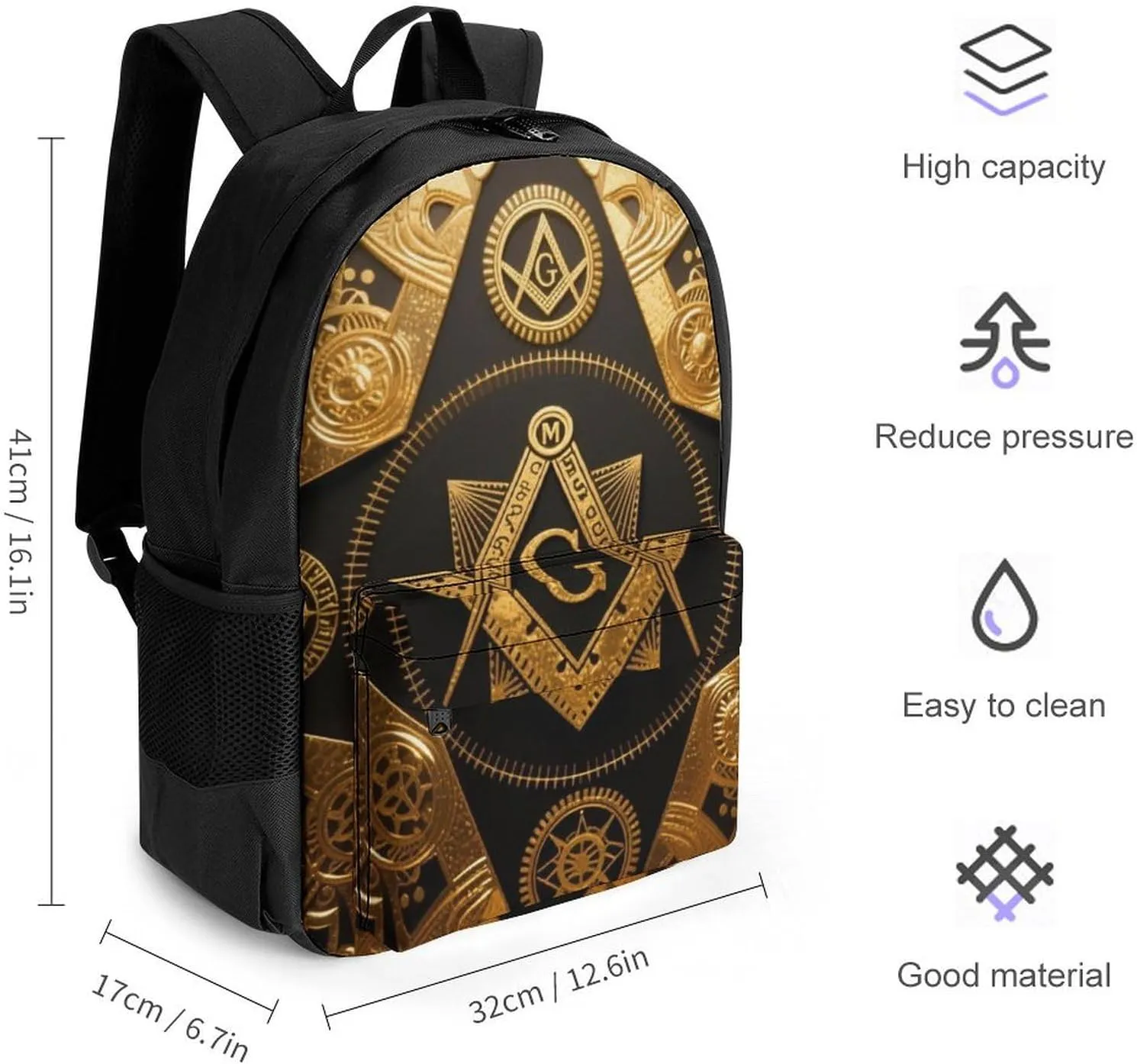 Polyester Daypack Backpack for Sports Travel Running - Big Capacity Anti-Theft Multipurpose Carry On Bag, Gold Freemason Freemasonry Masonic Art Laptop Book Bag Rucksack