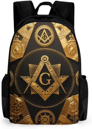 Polyester Daypack Backpack for Sports Travel Running - Big Capacity Anti-Theft Multipurpose Carry On Bag, Gold Freemason Freemasonry Masonic Art Laptop Book Bag Rucksack