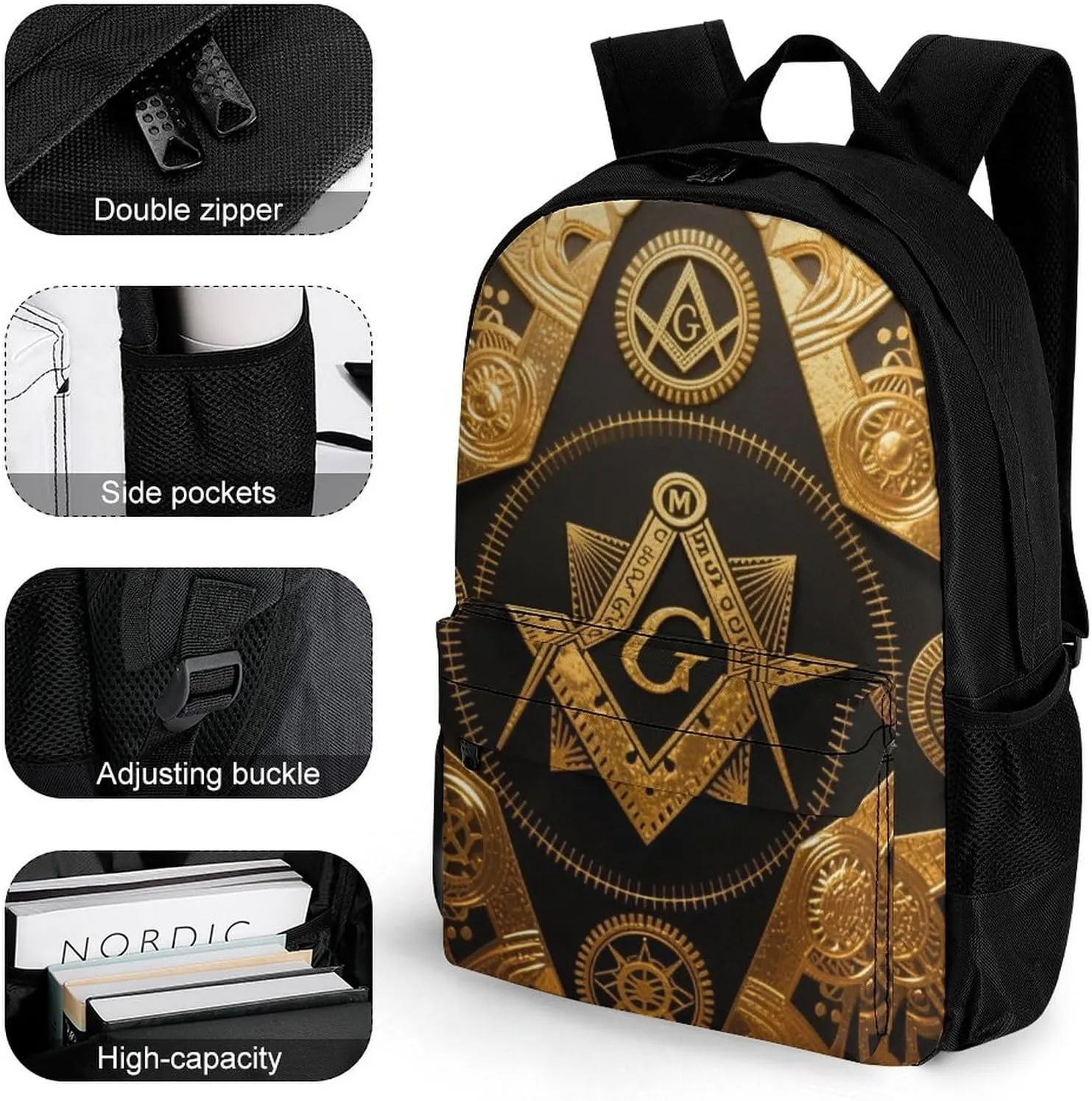 Polyester Daypack Backpack for Sports Travel Running - Big Capacity Anti-Theft Multipurpose Carry On Bag, Gold Freemason Freemasonry Masonic Art Laptop Book Bag Rucksack