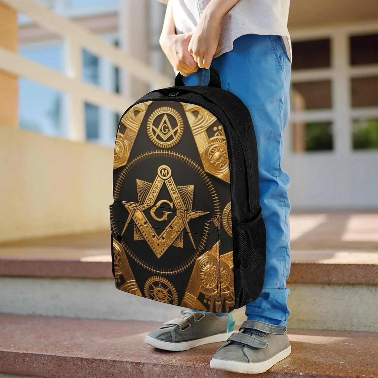 Polyester Daypack Backpack for Sports Travel Running - Big Capacity Anti-Theft Multipurpose Carry On Bag, Gold Freemason Freemasonry Masonic Art Laptop Book Bag Rucksack