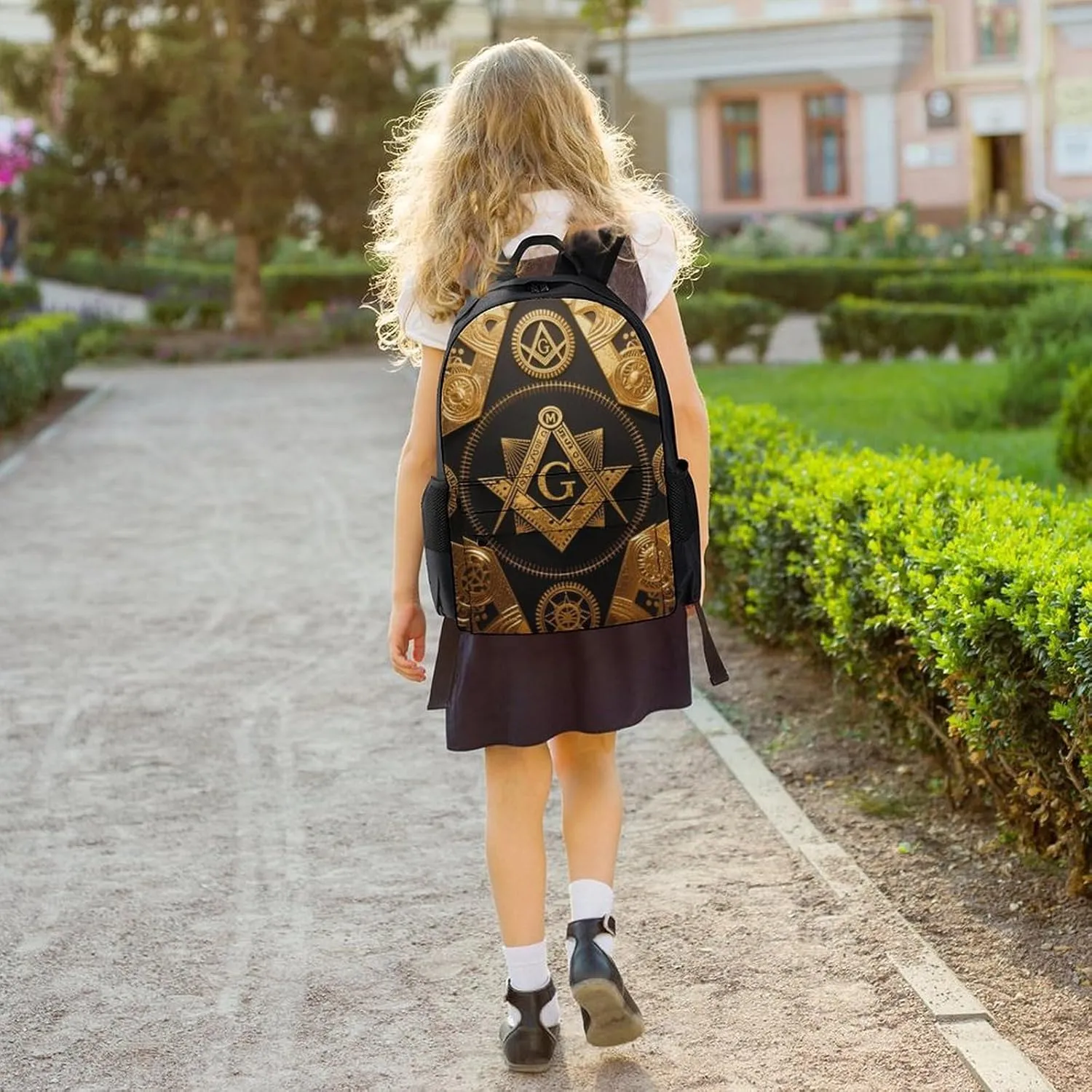Polyester Daypack Backpack for Sports Travel Running - Big Capacity Anti-Theft Multipurpose Carry On Bag, Gold Freemason Freemasonry Masonic Art Laptop Book Bag Rucksack