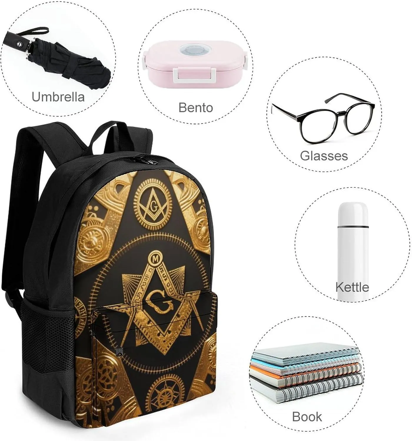 Polyester Daypack Backpack for Sports Travel Running - Big Capacity Anti-Theft Multipurpose Carry On Bag, Gold Freemason Freemasonry Masonic Art Laptop Book Bag Rucksack