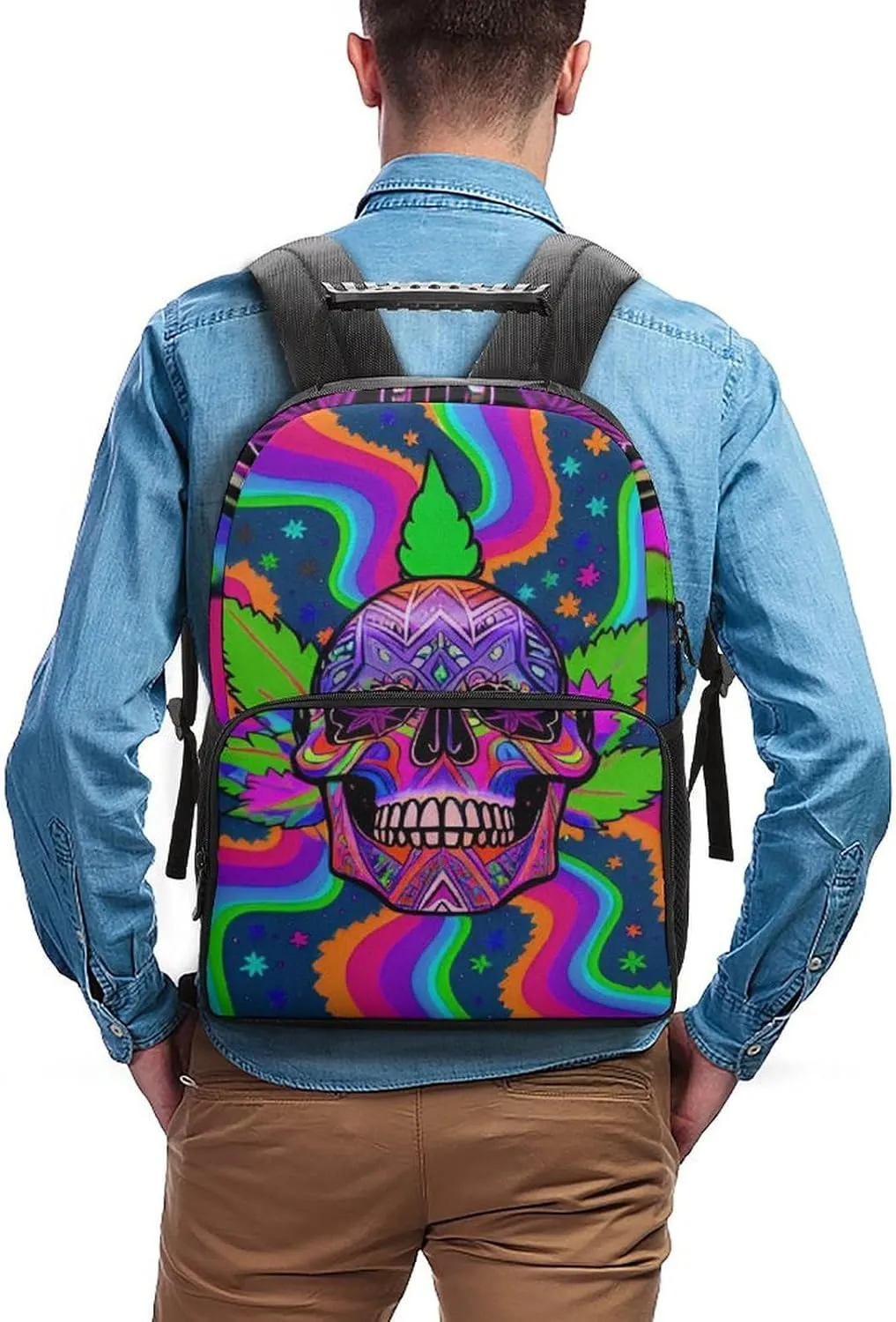 Polyester Daypack Backpack for Trekking Picnic Walking Cycling - Large Capacity Anti-Theft Multipurpose Shoulder Bag, Psychedelic Marijuanaweed Skull Rainbow Stripes Art Casual Daypack