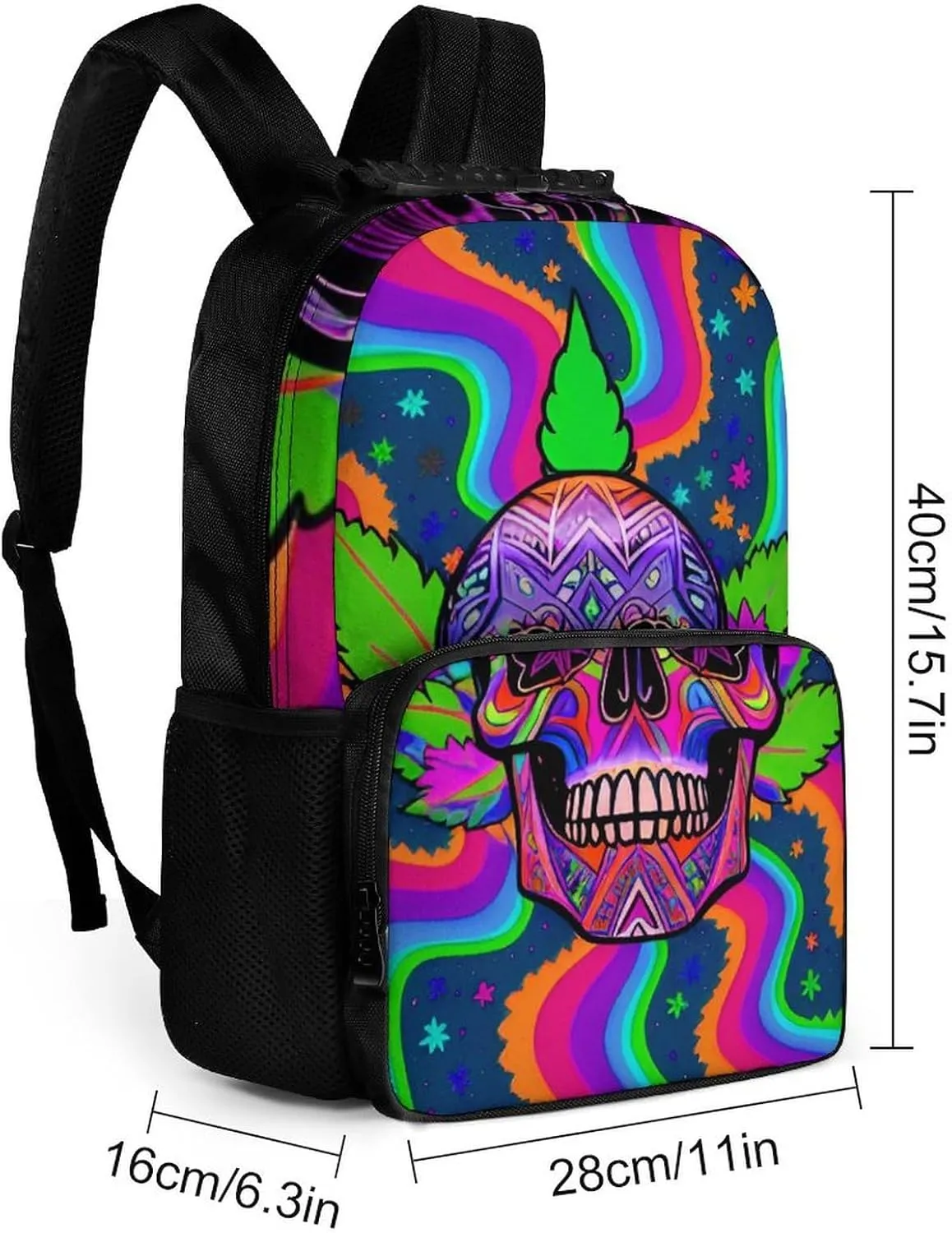 Polyester Daypack Backpack for Trekking Picnic Walking Cycling - Large Capacity Anti-Theft Multipurpose Shoulder Bag, Psychedelic Marijuanaweed Skull Rainbow Stripes Art Casual Daypack