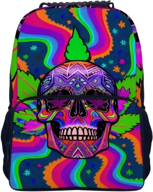 Polyester Daypack Backpack for Trekking Picnic Walking Cycling - Large Capacity Anti-Theft Multipurpose Shoulder Bag, Psychedelic Marijuanaweed Skull Rainbow Stripes Art Casual Daypack
