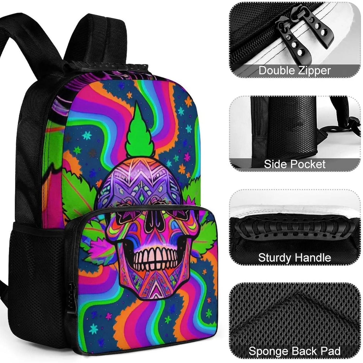 Polyester Daypack Backpack for Trekking Picnic Walking Cycling - Large Capacity Anti-Theft Multipurpose Shoulder Bag, Psychedelic Marijuanaweed Skull Rainbow Stripes Art Casual Daypack