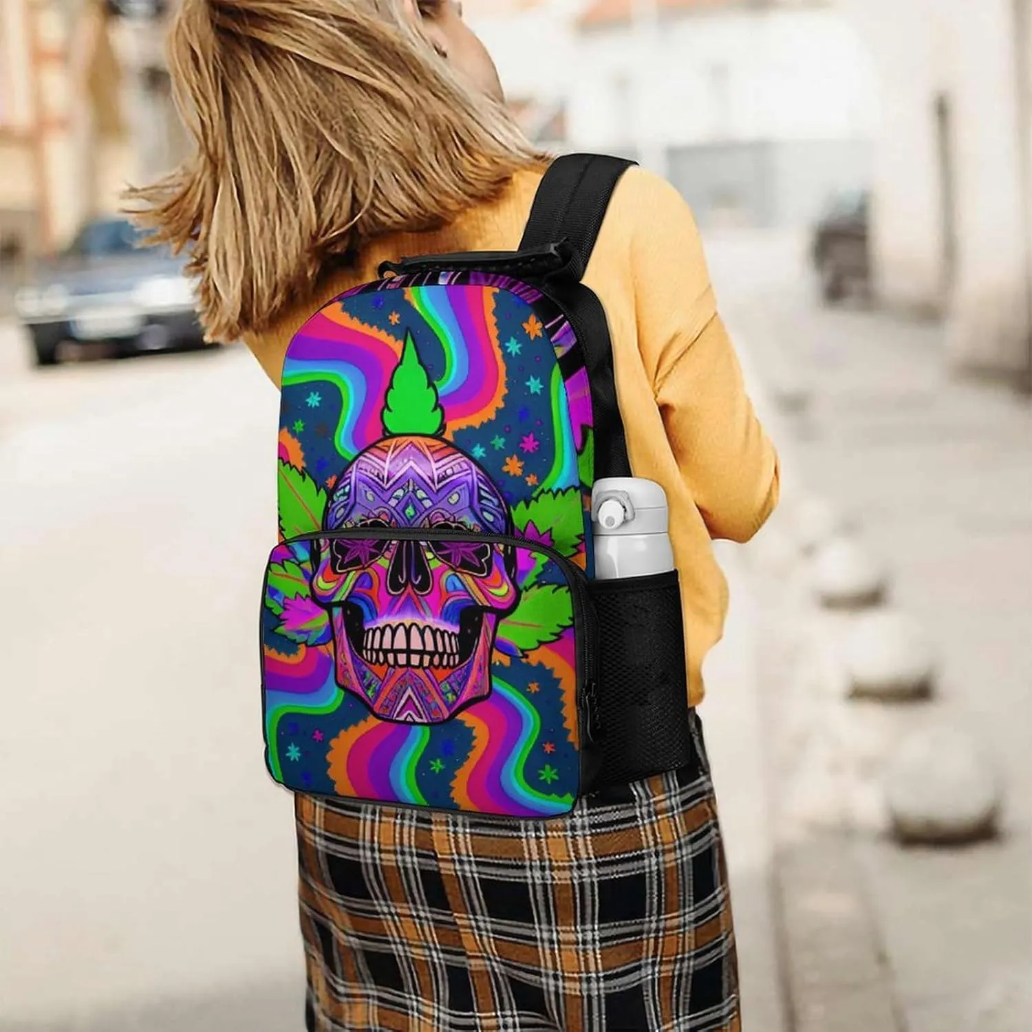 Polyester Daypack Backpack for Trekking Picnic Walking Cycling - Large Capacity Anti-Theft Multipurpose Shoulder Bag, Psychedelic Marijuanaweed Skull Rainbow Stripes Art Casual Daypack