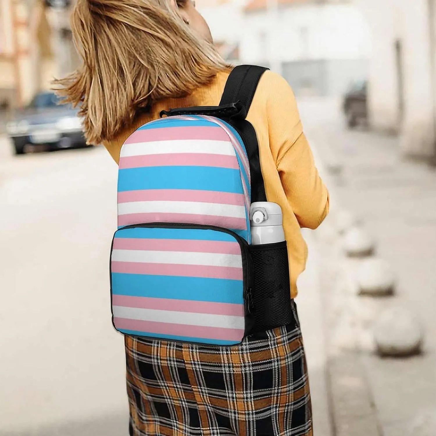 Polyester Daypack Backpack for Trekking Picnic Walking Cycling - Large Capacity Anti-Theft Multipurpose Shoulder Bag, Transgender Pride Flag LGBT Stripe Casual Daypack