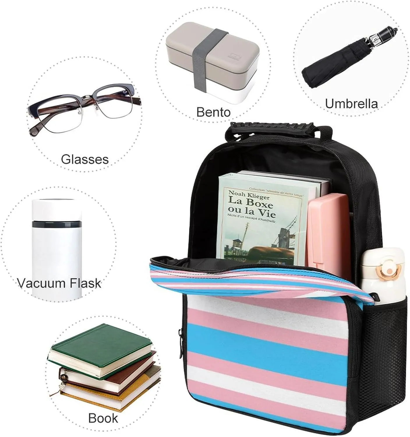 Polyester Daypack Backpack for Trekking Picnic Walking Cycling - Large Capacity Anti-Theft Multipurpose Shoulder Bag, Transgender Pride Flag LGBT Stripe Casual Daypack