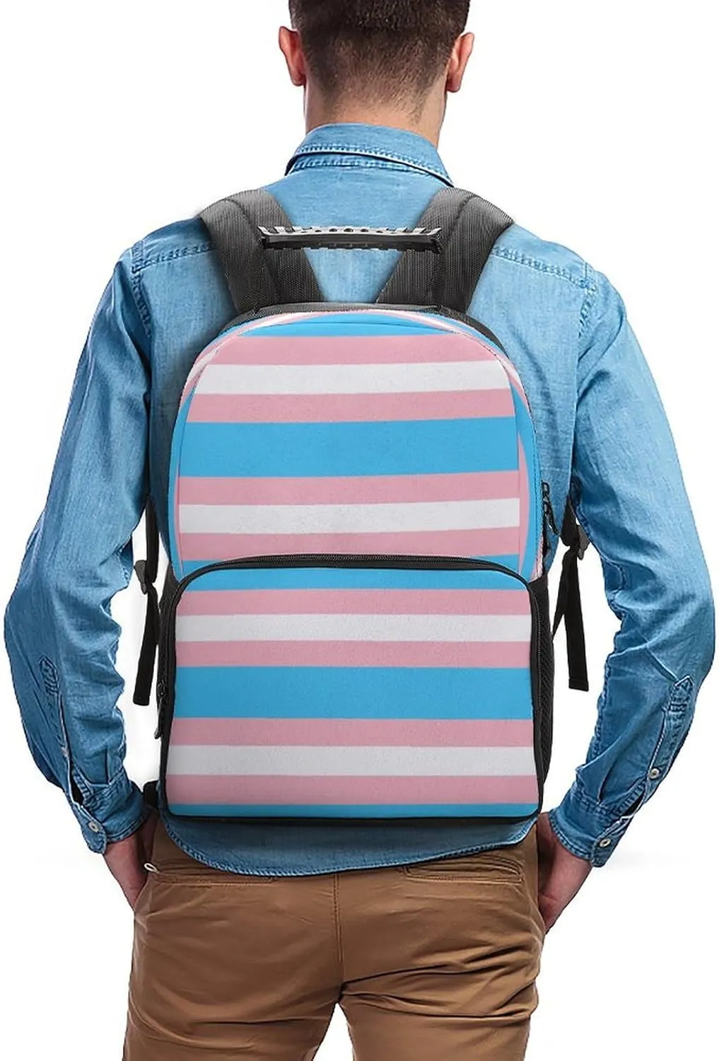 Polyester Daypack Backpack for Trekking Picnic Walking Cycling - Large Capacity Anti-Theft Multipurpose Shoulder Bag, Transgender Pride Flag LGBT Stripe Casual Daypack