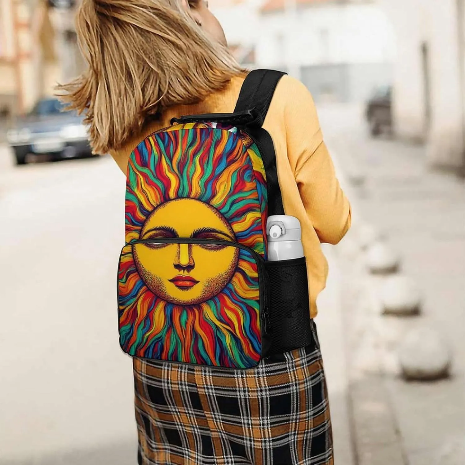 Polyester Daypack Backpack for Trekking Picnic Walking Cycling - Large Capacity Anti-Theft Multipurpose Shoulder Bag, Trippy Sun Art Casual Daypack