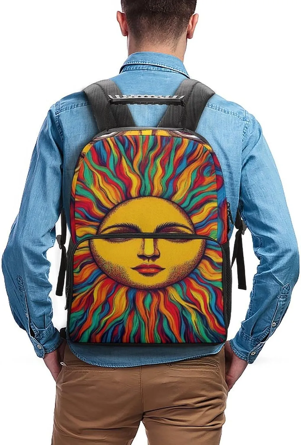 Polyester Daypack Backpack for Trekking Picnic Walking Cycling - Large Capacity Anti-Theft Multipurpose Shoulder Bag, Trippy Sun Art Casual Daypack