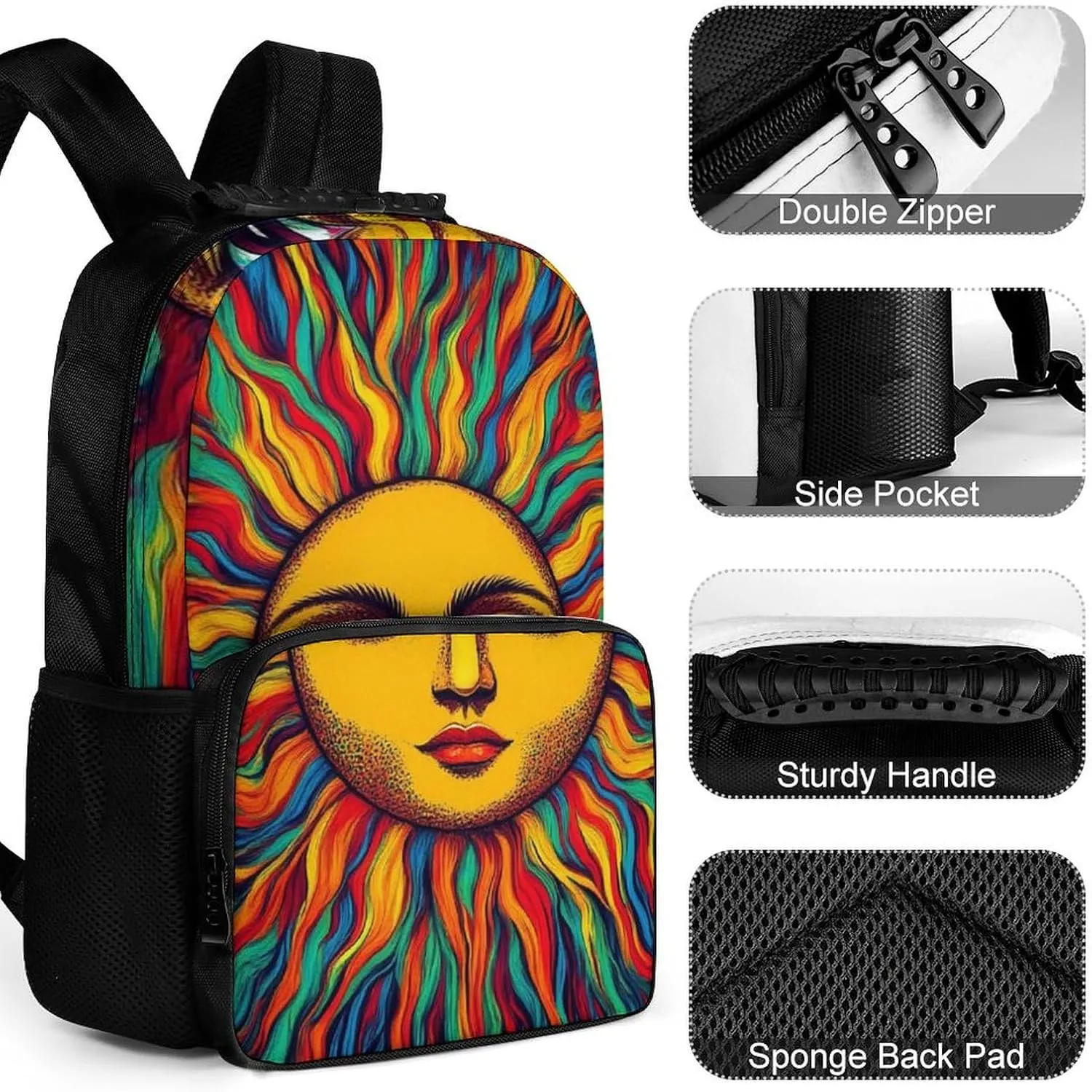 Polyester Daypack Backpack for Trekking Picnic Walking Cycling - Large Capacity Anti-Theft Multipurpose Shoulder Bag, Trippy Sun Art Casual Daypack