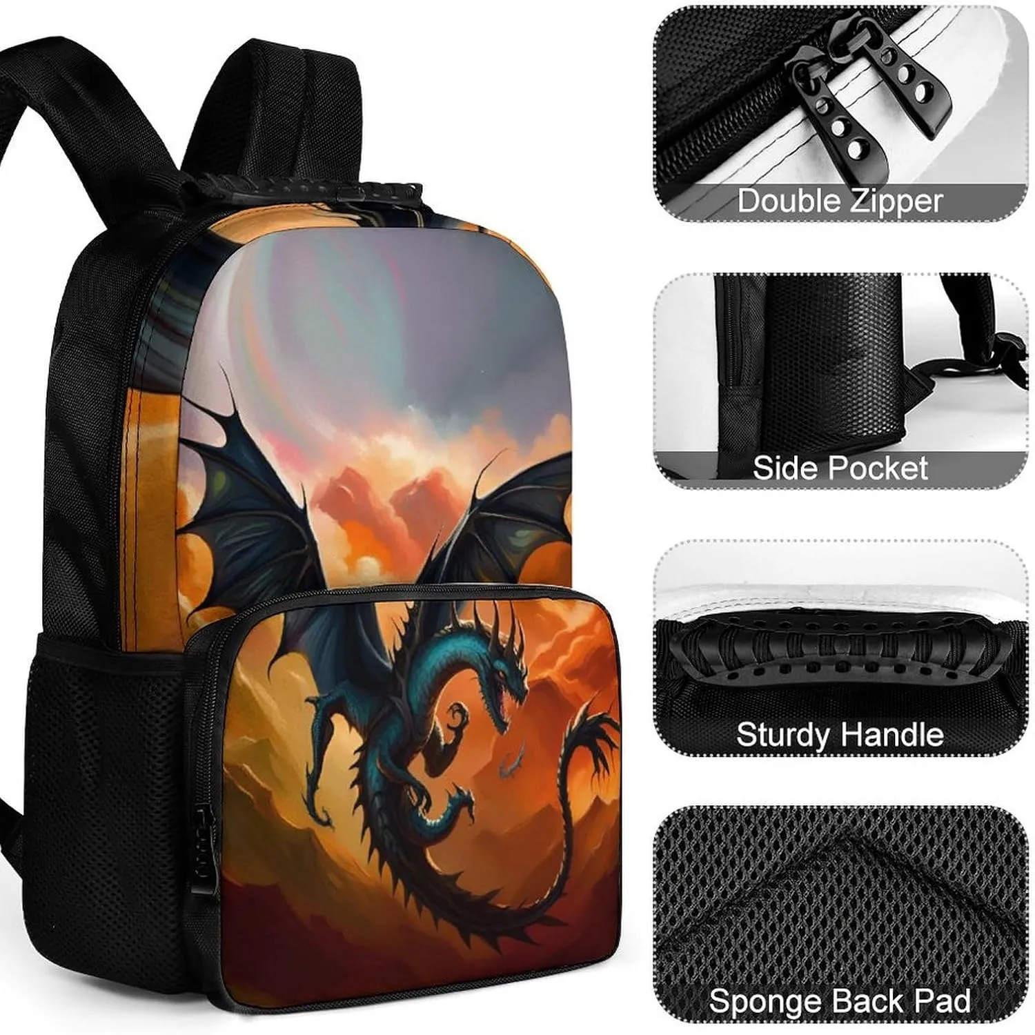 Polyester Daypack for Camping Travel Walking Cycling - Big Capacity Anti-Theft Multipurpose Bookbag, Fantasy Dragon Fire Cool Art Camping Outdoor Backpack