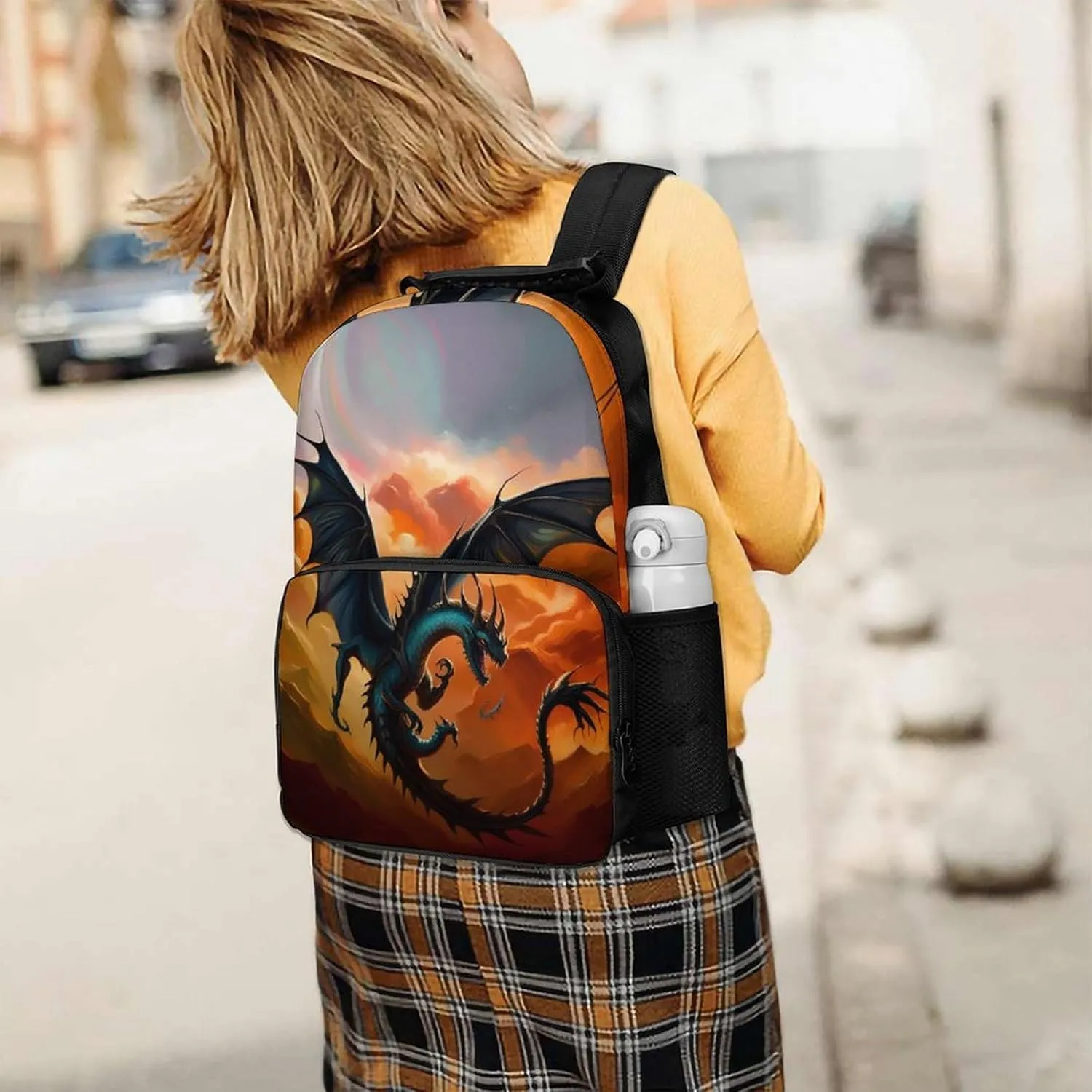 Polyester Daypack for Camping Travel Walking Cycling - Big Capacity Anti-Theft Multipurpose Bookbag, Fantasy Dragon Fire Cool Art Camping Outdoor Backpack