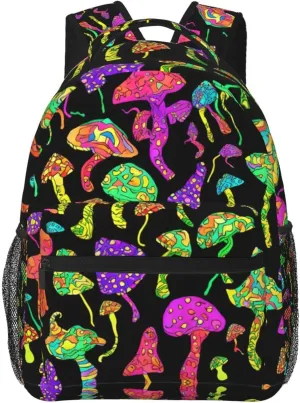 Polyester Daypack for Camping Travel Walking Cycling - Big Capacity Anti-Theft Multipurpose Bookbag, Trippy Mushrooms Art Camping Outdoor Backpack