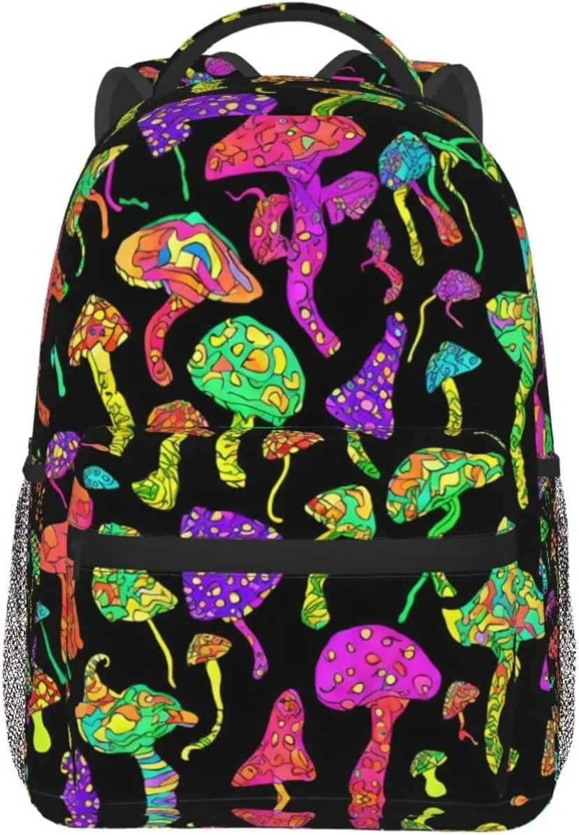 Polyester Daypack for Camping Travel Walking Cycling - Big Capacity Anti-Theft Multipurpose Bookbag, Trippy Mushrooms Art Camping Outdoor Backpack