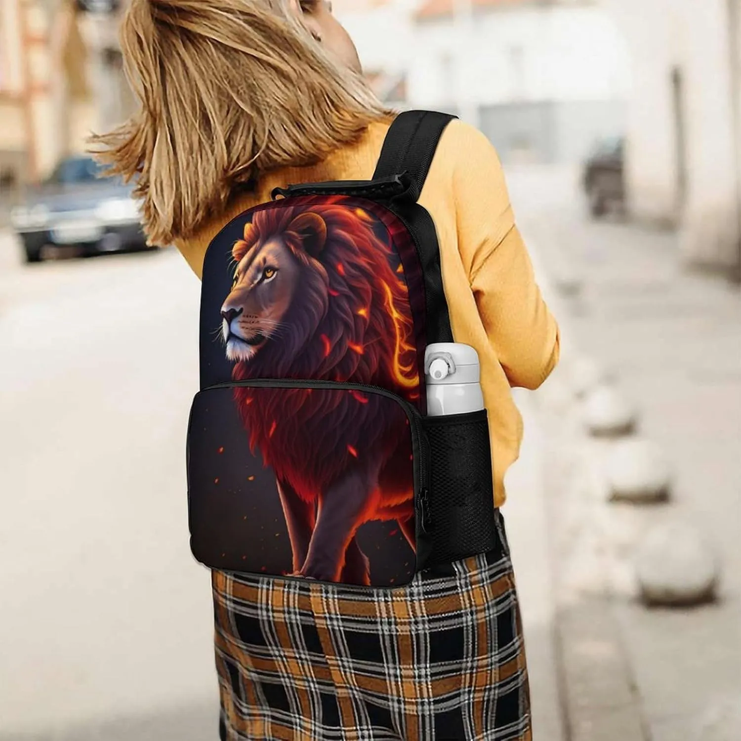Polyester Daypack for Hiking Work Running - Big Capacity Anti-Theft Multipurpose Shoulder Bag, Cool Lion Fire Surreal Style Art Travel and Sport Backpack Rucksack