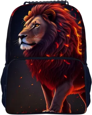 Polyester Daypack for Hiking Work Running - Big Capacity Anti-Theft Multipurpose Shoulder Bag, Cool Lion Fire Surreal Style Art Travel and Sport Backpack Rucksack
