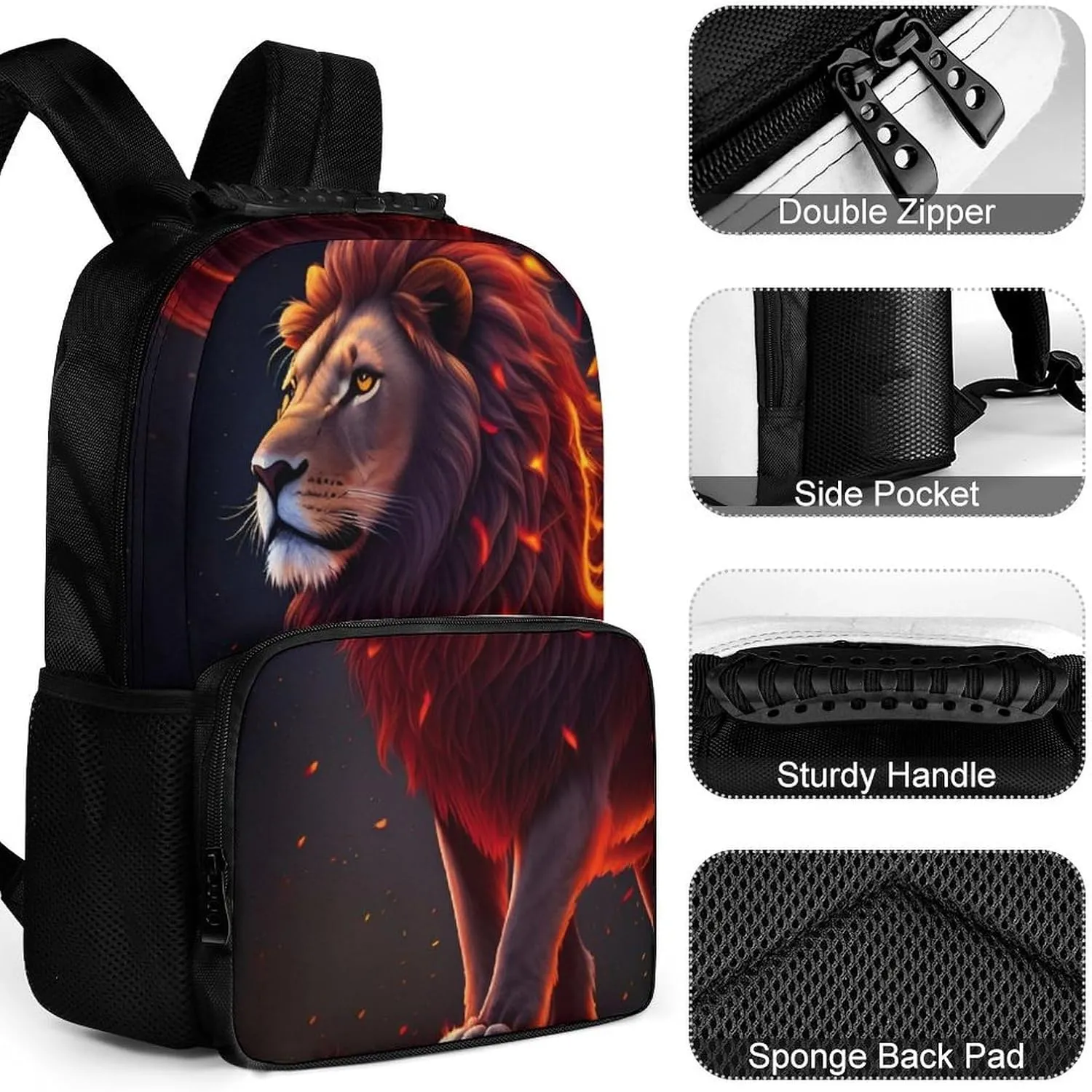 Polyester Daypack for Hiking Work Running - Big Capacity Anti-Theft Multipurpose Shoulder Bag, Cool Lion Fire Surreal Style Art Travel and Sport Backpack Rucksack
